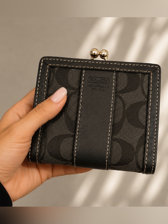 Coach Handbags - Coach Black Leather Signature Mini Wallet w/ Kisslock & Bi-Fold Snap Closure